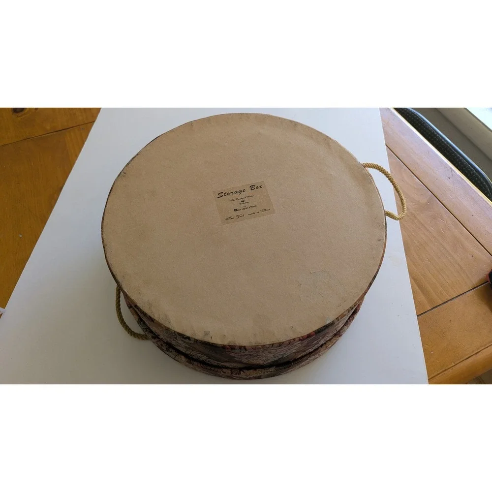 Raymond Waites Once Upon a Rose Floral Tapestry Round Storage Hat Box Gold Cord